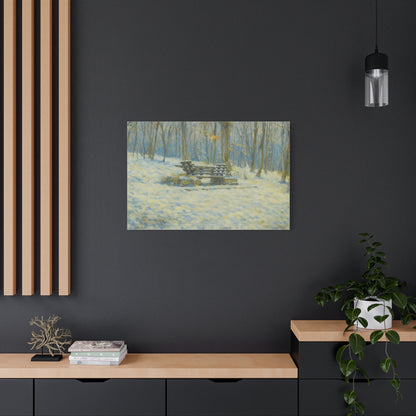 Snowy park bench in winter woodland scene on matte canvas print, stretched 1.25 inches, by Printify for wall decor.