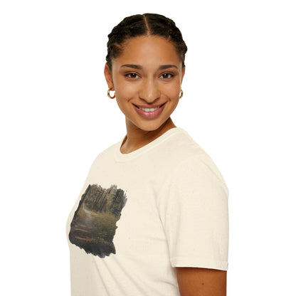 Vintage forest landscape T-Shirt by Printify featuring a nature pathway design in earthy tones on soft fabric.