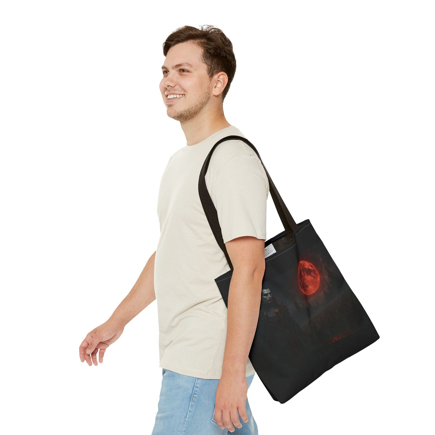 Gothic Dracula tote bag by Printify featuring moonlit vampire art, perfect for Halloween and gothic fashion accessories.