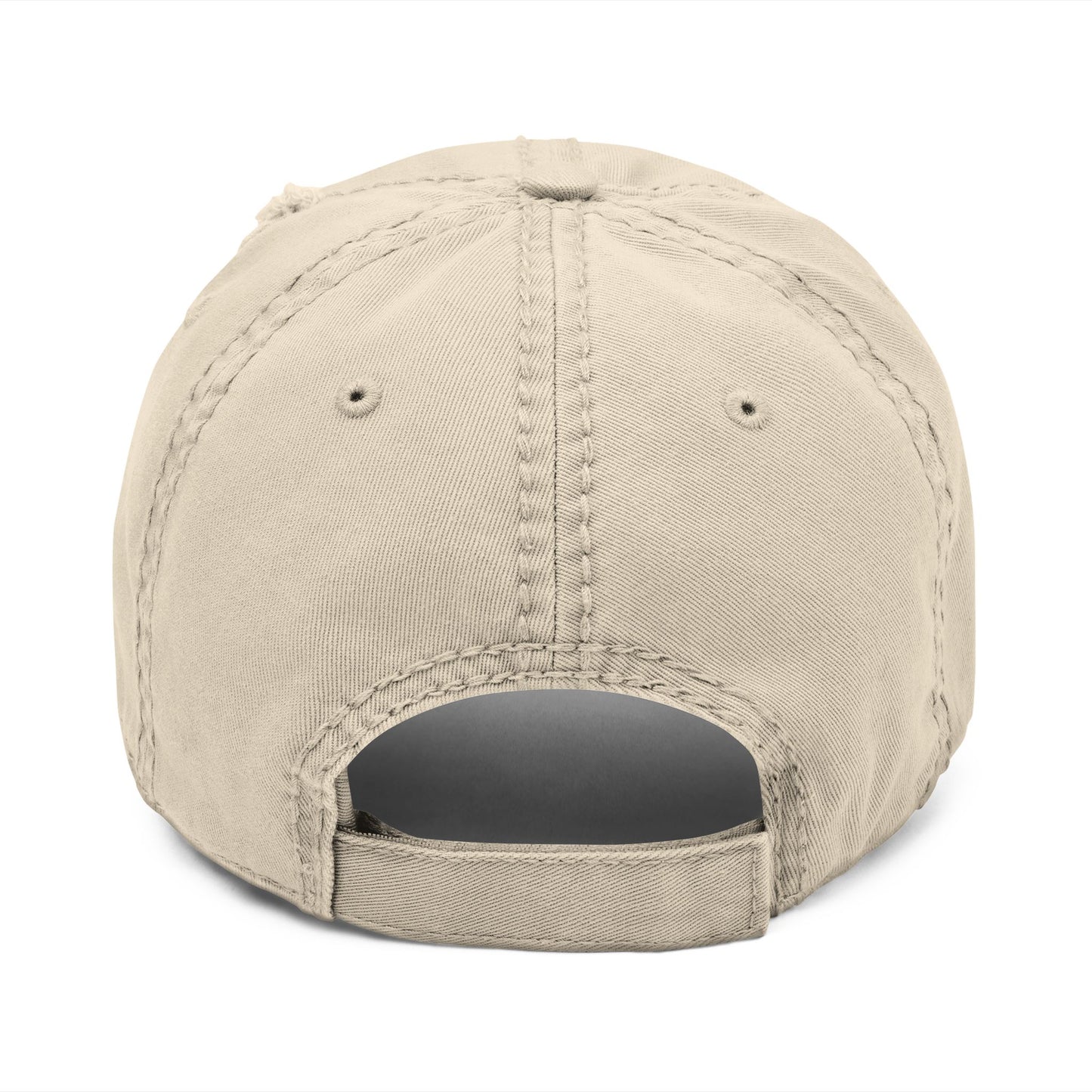 Distressed embroidered dad hat with Romanian flag patch, casual accessory from Printify featuring a distressed style and patriotic detail.