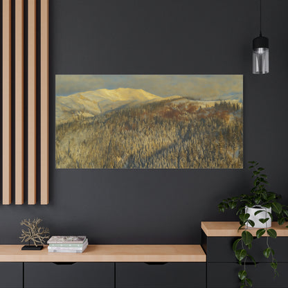Winter mountain landscape matte canvas print by Printify, featuring a serene snowy mountain scene on a stretched 1.25-inch canvas.