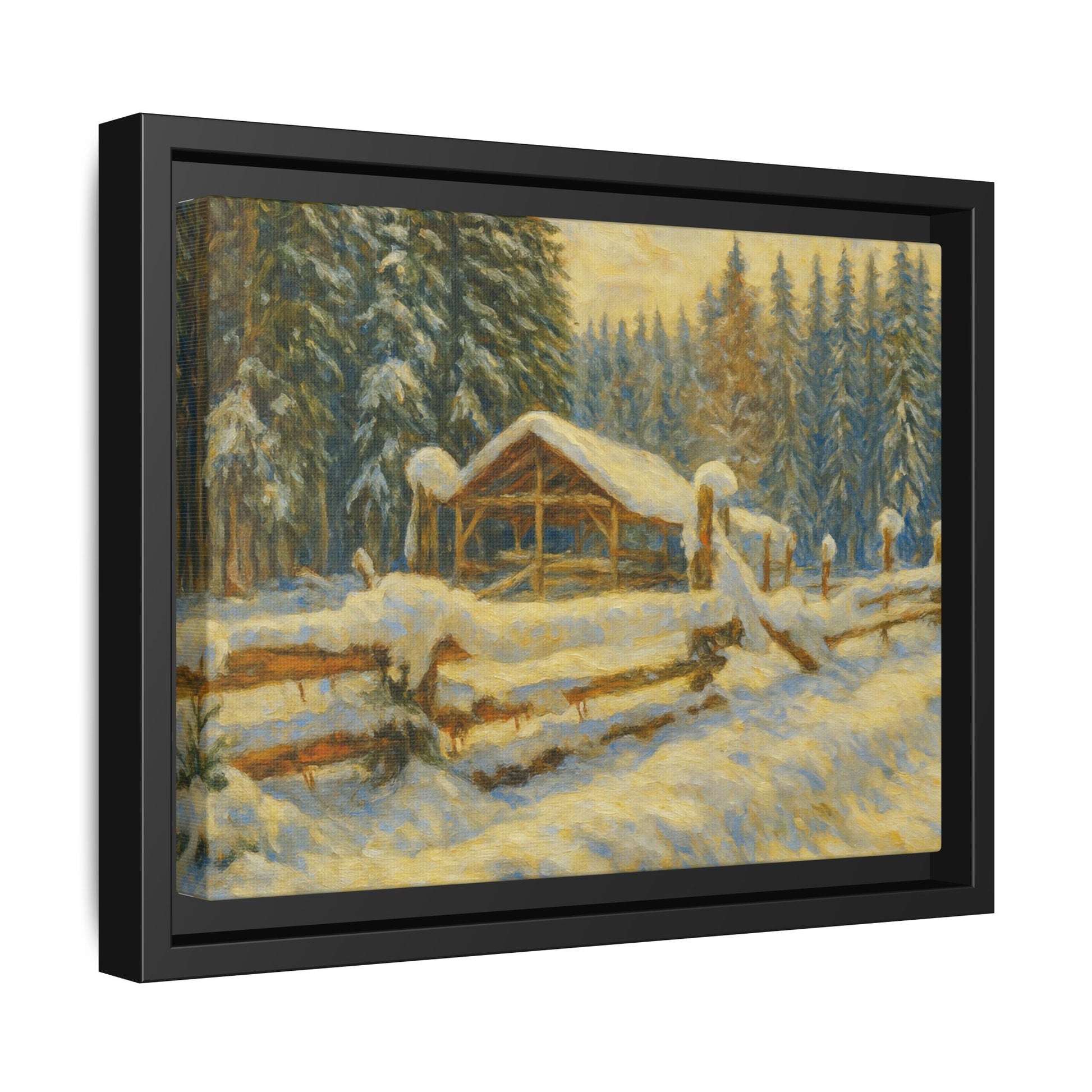 Snowy cabin winter landscape canvas wall art by Printify, featuring a cozy cabin scene in a snowy setting.