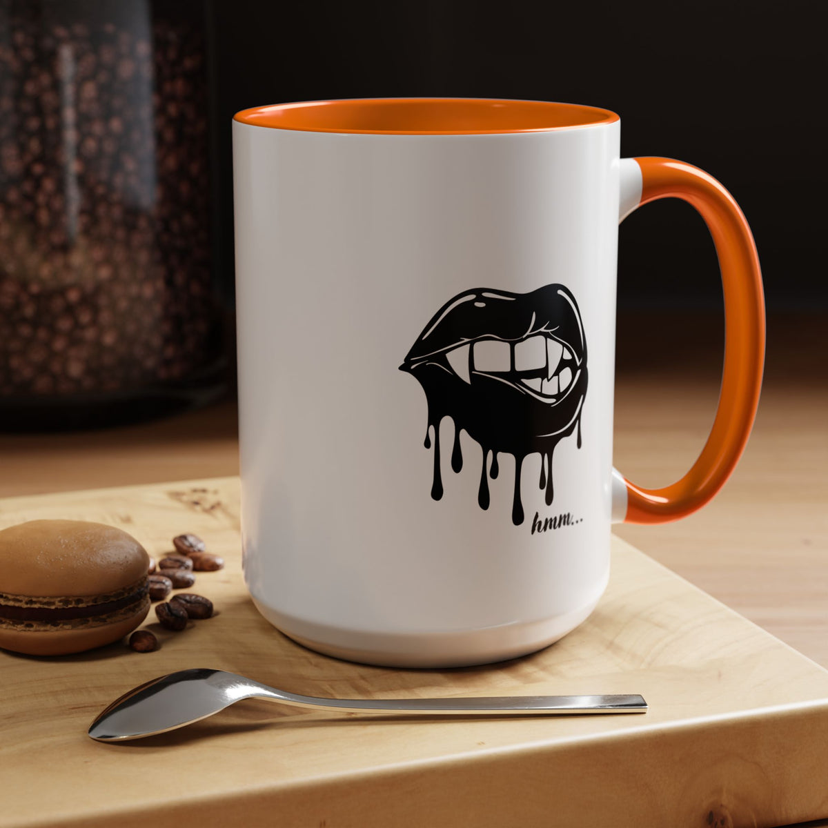 Black accent Dripping Bite Coffee Mug by Printify, 11oz or 15oz size, featuring a distinctive dripping bite design on the ceramic mug.