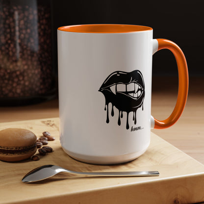 Black accent Dripping Bite Coffee Mug by Printify, 11oz or 15oz size, featuring a distinctive dripping bite design on the ceramic mug.