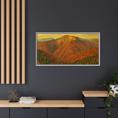 Autumn mountain matte canvas framed wall art by Printify showing a scenic mountain landscape in warm fall colors.
