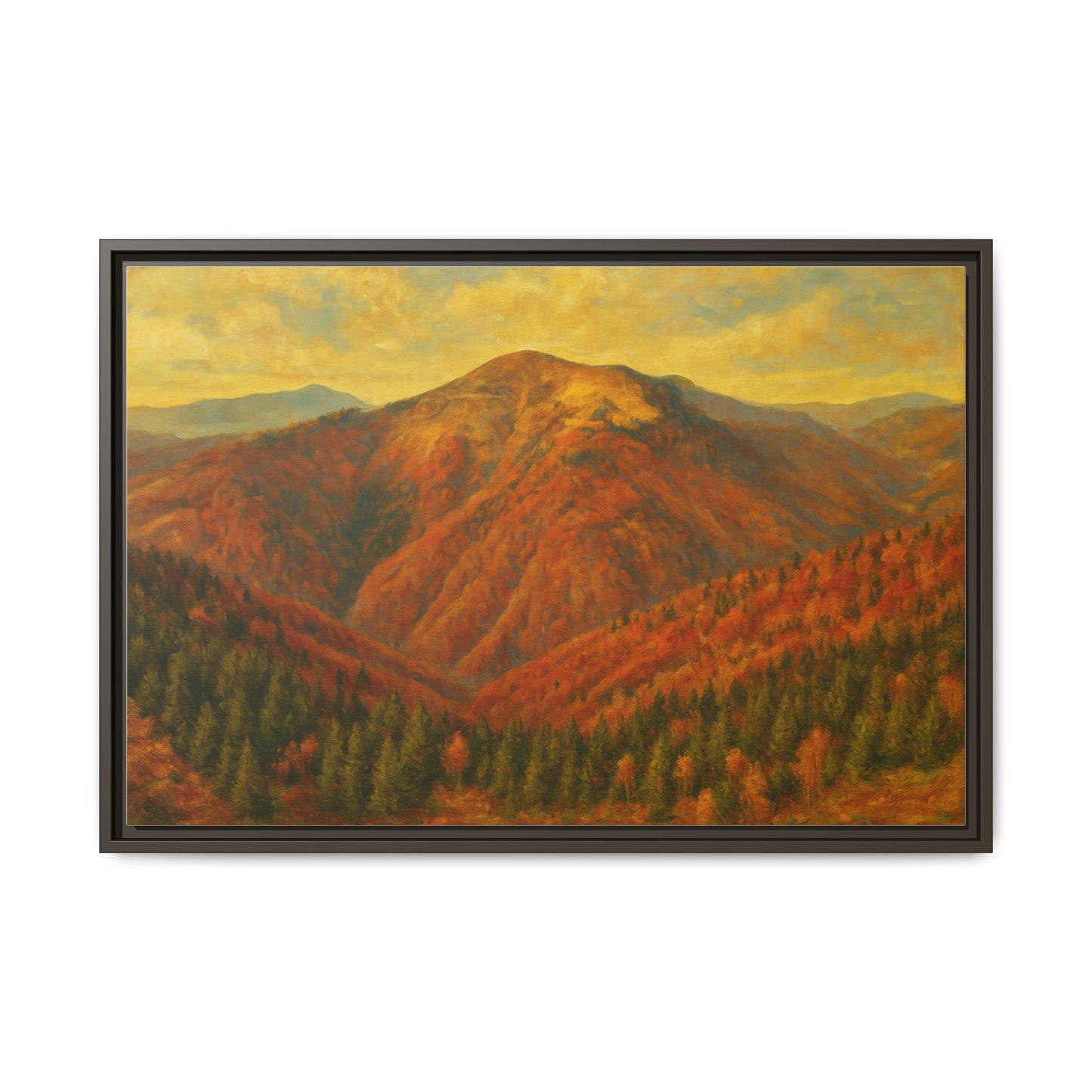 Autumn mountain matte canvas framed wall art by Printify, featuring a scenic mountain landscape in warm autumn colors.