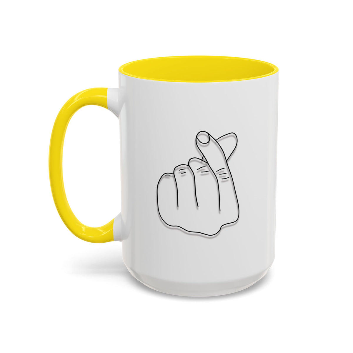 Minimal Korean finger heart accent coffee mug by Printify, 11oz or 15oz, featuring a simple, stylish design on a ceramic mug.