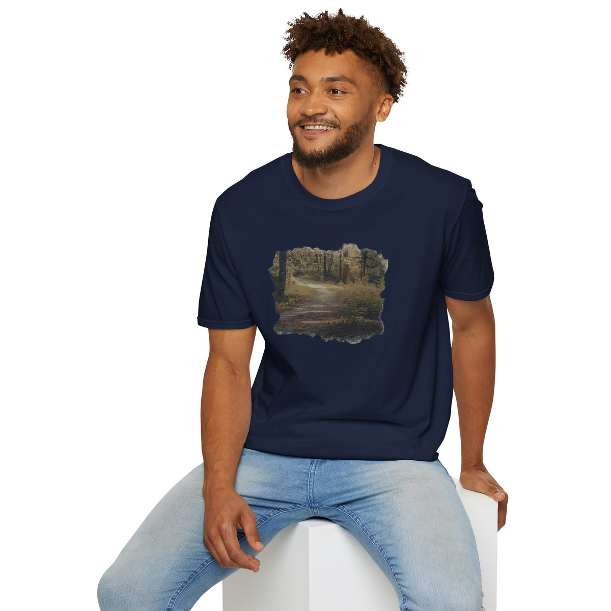 Vintage forest landscape T-shirt by Printify featuring a nature pathway design on soft fabric.