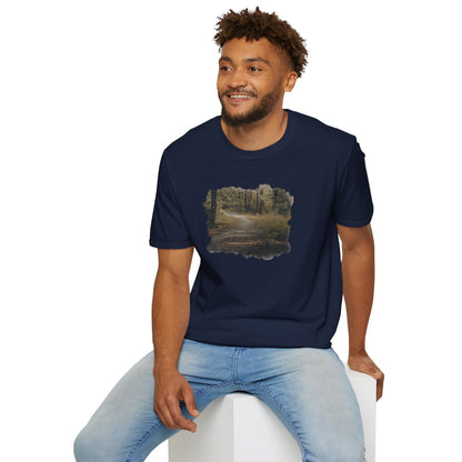 Vintage forest landscape T-shirt by Printify featuring a nature pathway design on soft fabric.