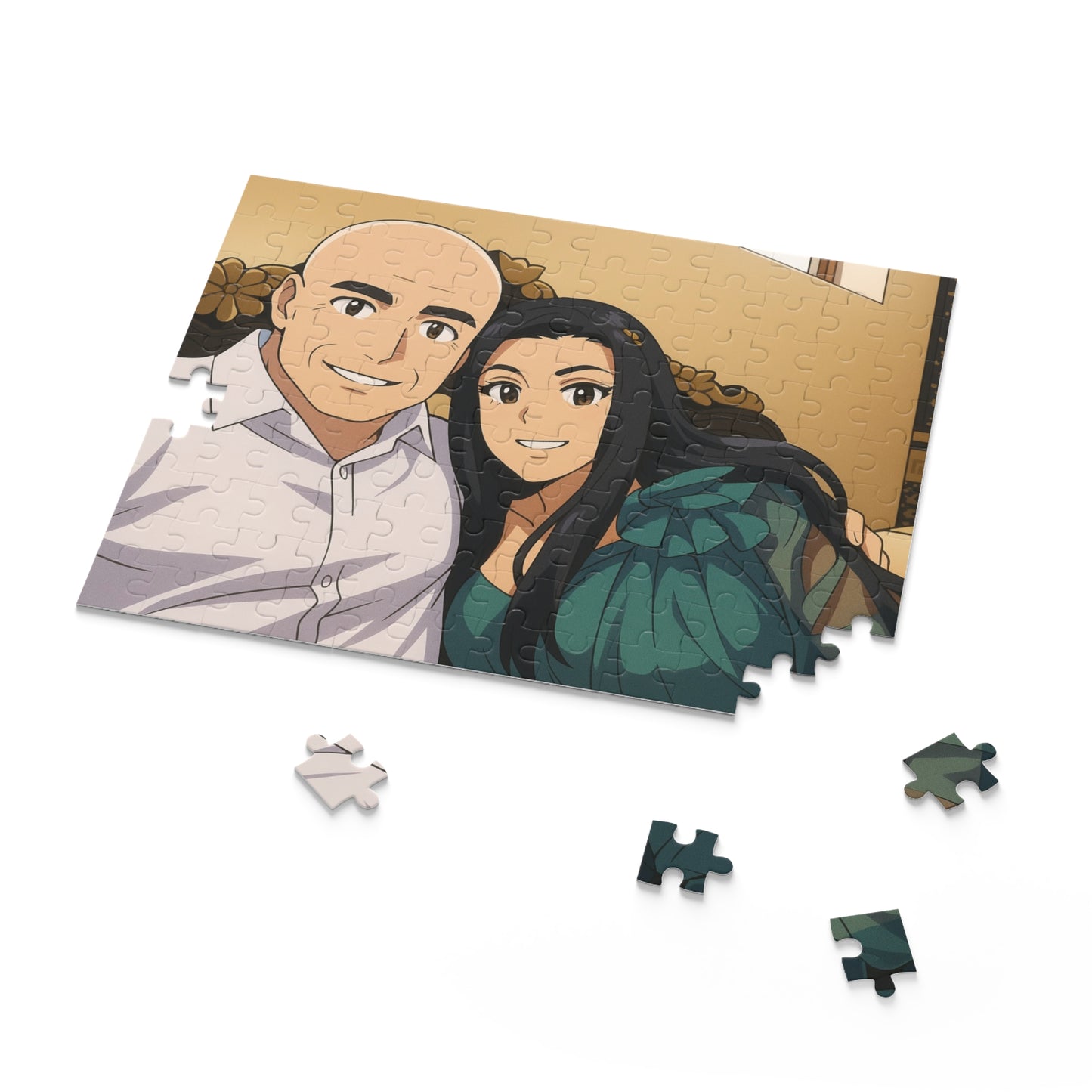 Custom anime couple portrait puzzle with 120, 252, or 500 pieces, featuring colorful anime-style artwork for fans and collectors.