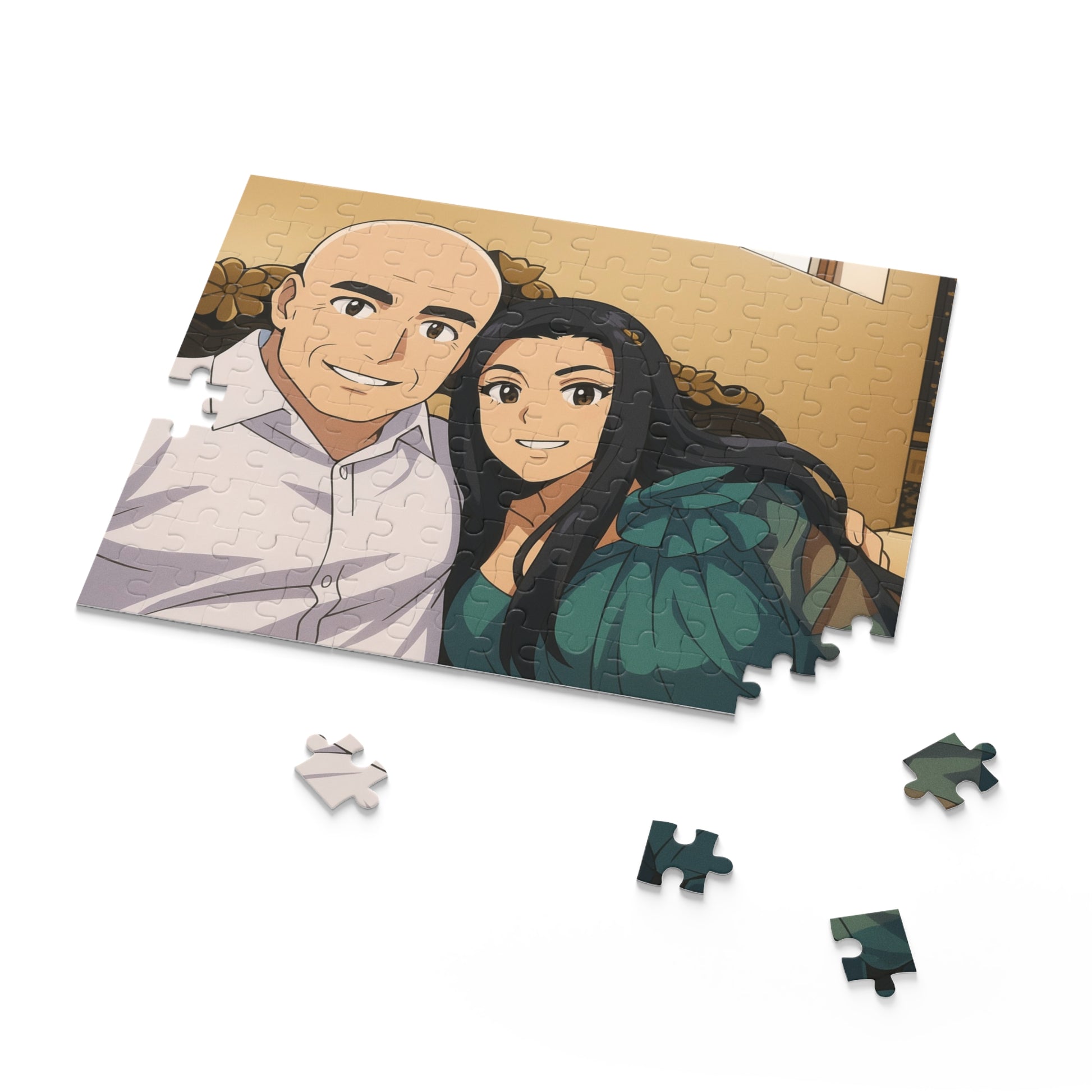 Custom anime couple portrait puzzle with 120, 252, or 500 pieces, featuring colorful anime-style artwork for fans and collectors.