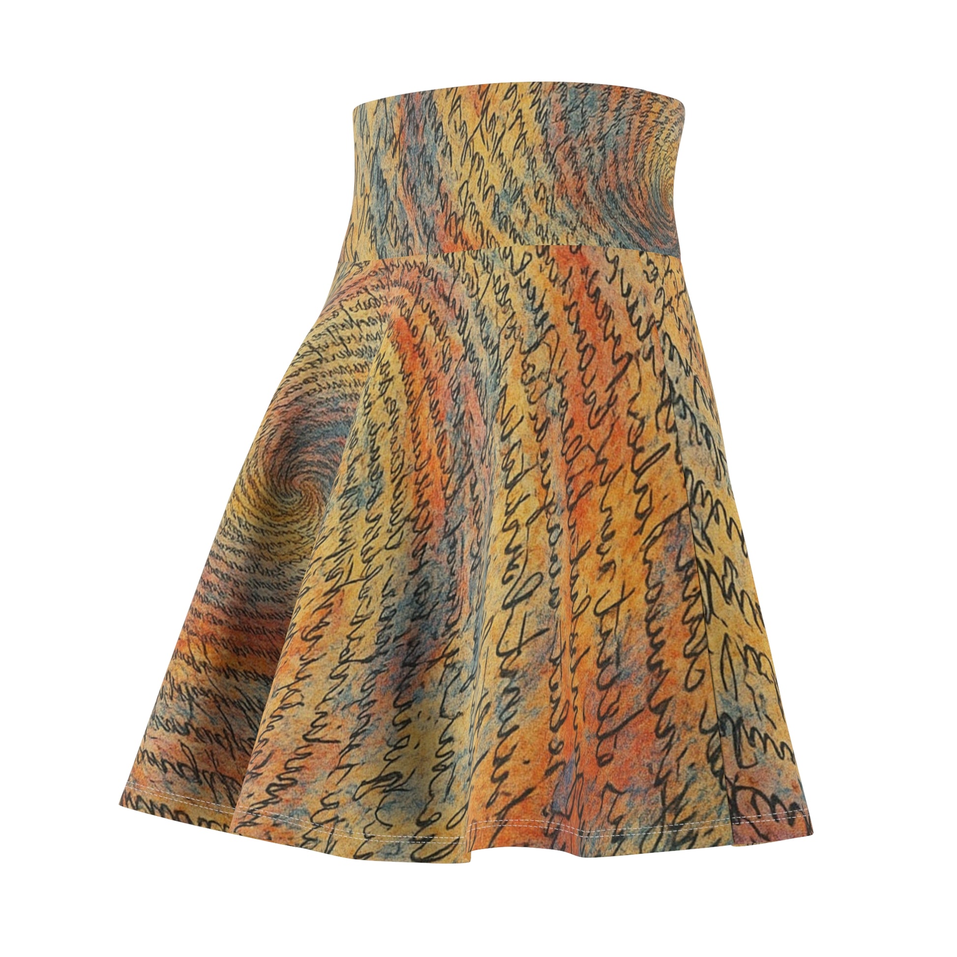 Colorful spiral print skater skirt by Printify featuring vibrant boho-inspired all-over print fabric.