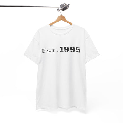 Vintage minimalist Est. 1995 T-shirt by Printify featuring a clean design and birthday celebration theme.