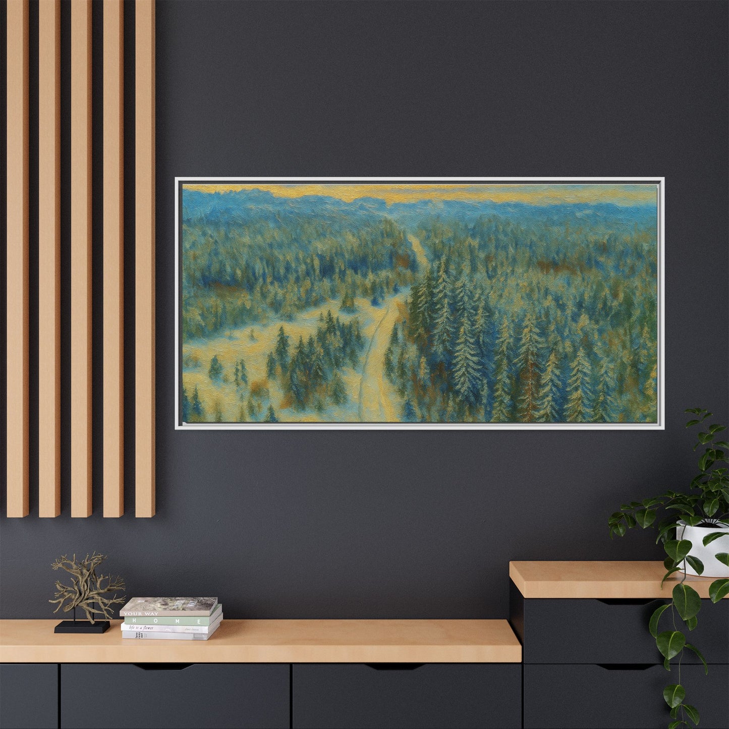 Framed matte canvas print of a serene winter forest landscape by Printify, showcasing snow-covered trees and peaceful scenery.