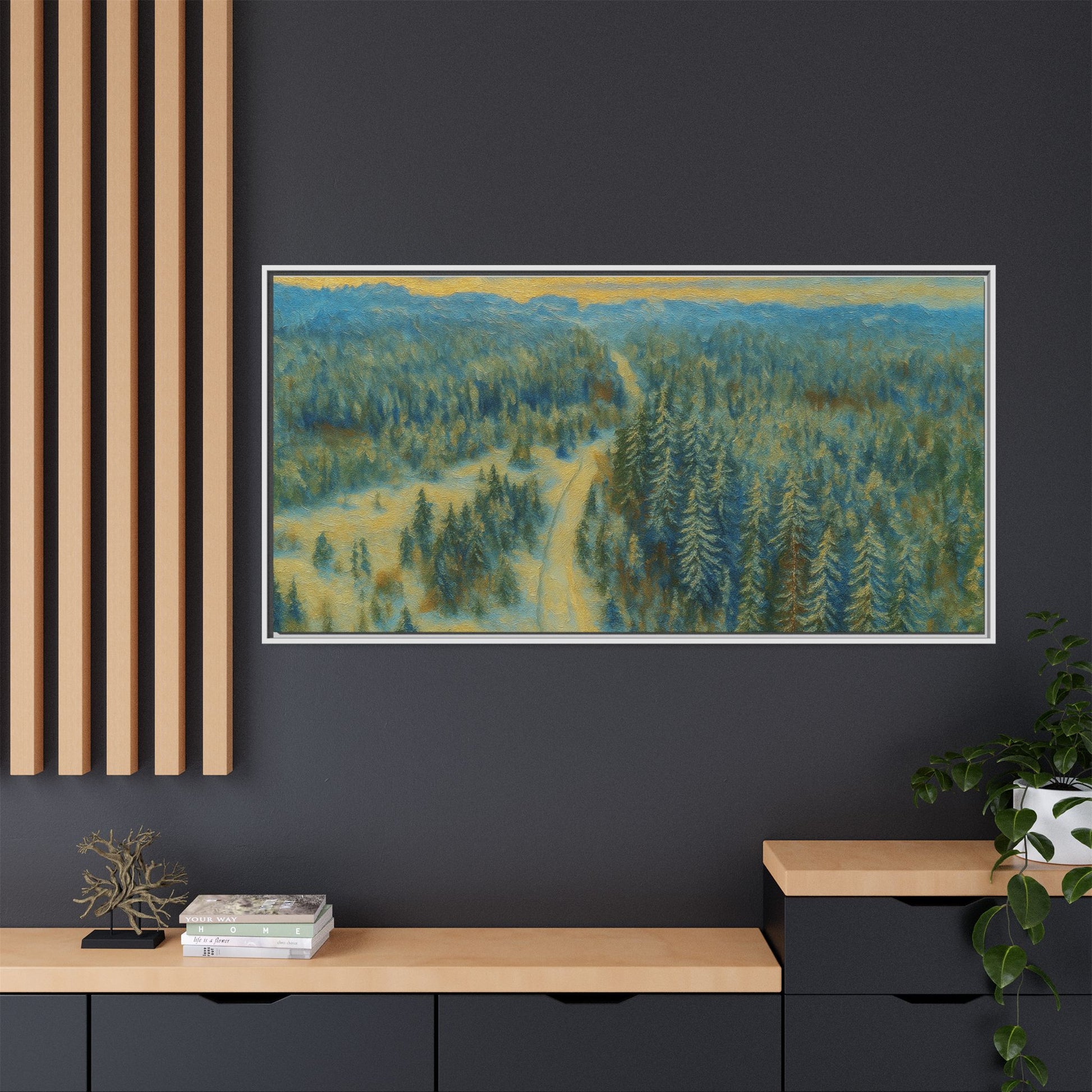 Framed matte canvas print of a serene winter forest landscape by Printify, showcasing snow-covered trees and peaceful scenery.