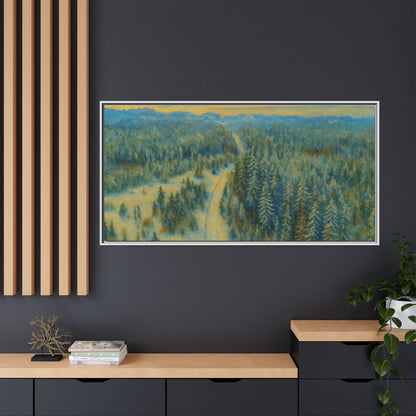 Framed matte canvas print of a serene winter forest landscape by Printify, showcasing snow-covered trees and peaceful scenery.