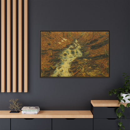 Framed matte canvas print of autumn stream landscape artwork by Printify, featuring vibrant fall colors and serene nature scene.