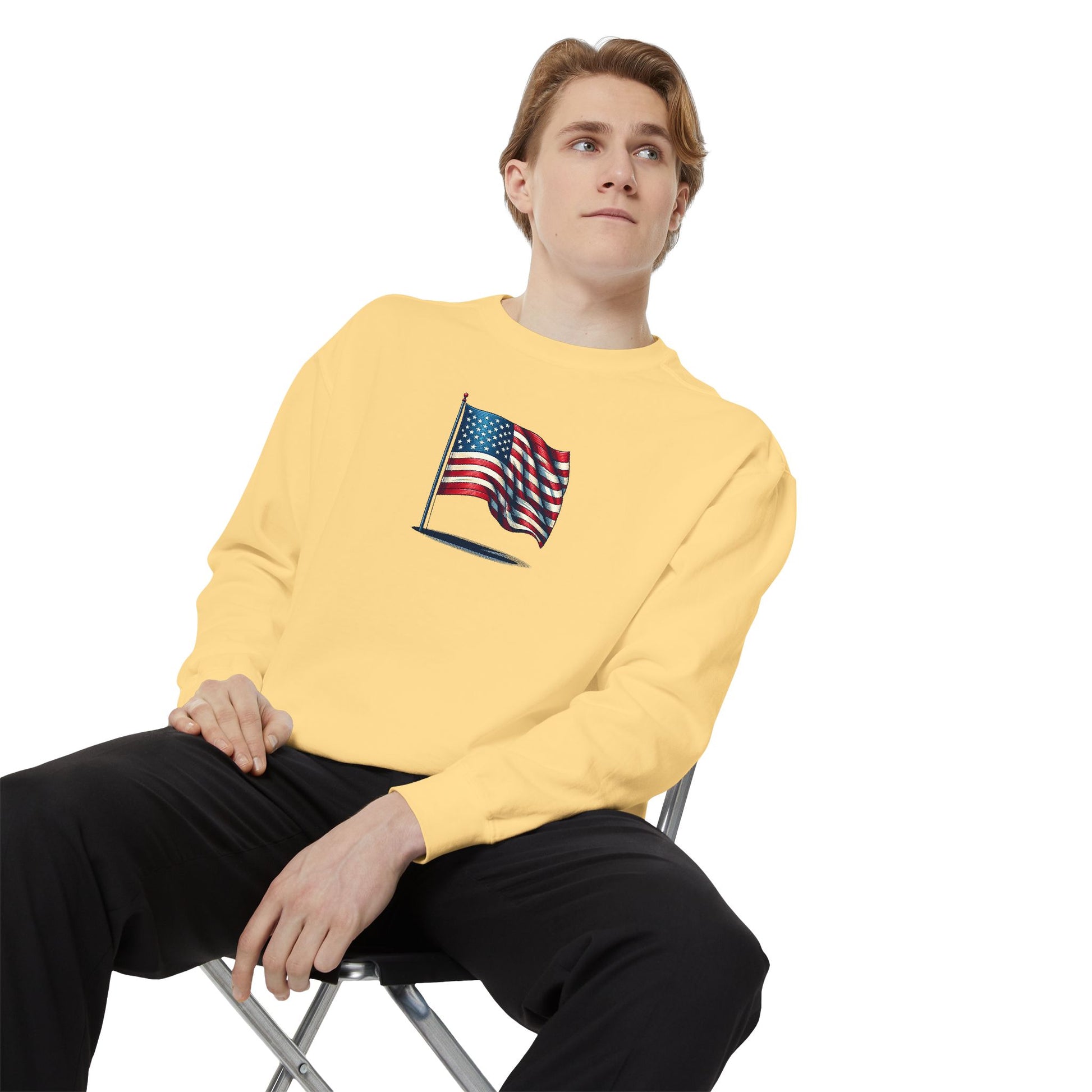 Patriotic Unisex Garment-Dyed Sweatshirt with Vintage American Flag, Cozy Fall Outfit, Statement Sweater, Gift for Veterans, Casual Fashion - TRV