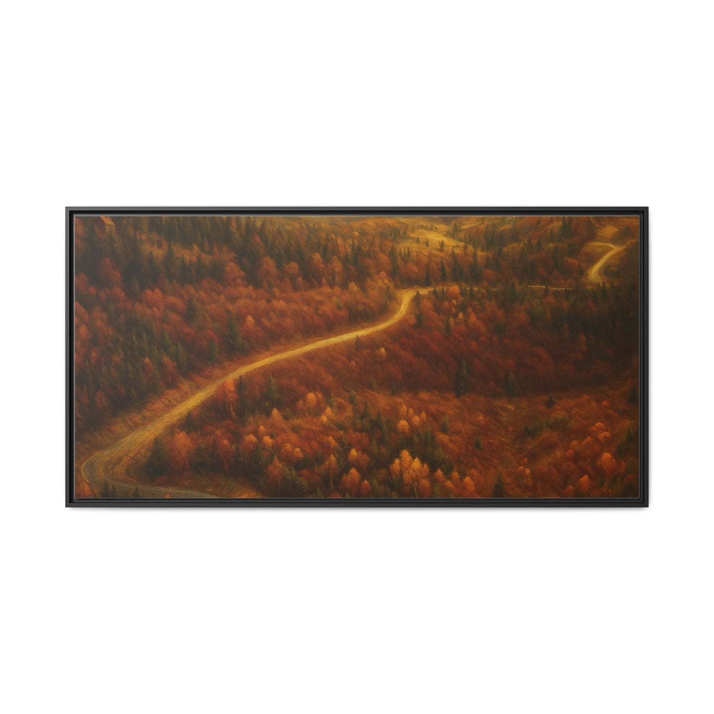 Framed matte canvas print of an autumn forest road landscape wall art by Printify, featuring vibrant fall colors and scenic nature view.