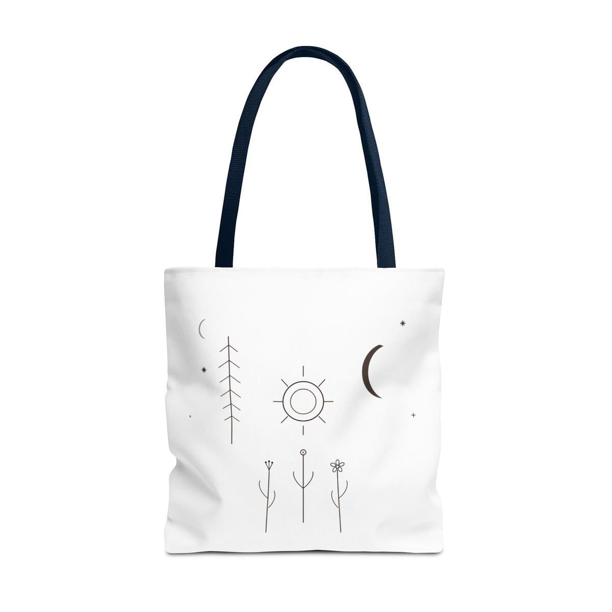 Minimal moon and sun botanical tote bag with celestial line art design, crafted by Printify.