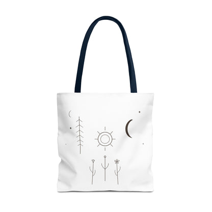 Minimal moon and sun botanical tote bag with celestial line art design, crafted by Printify.