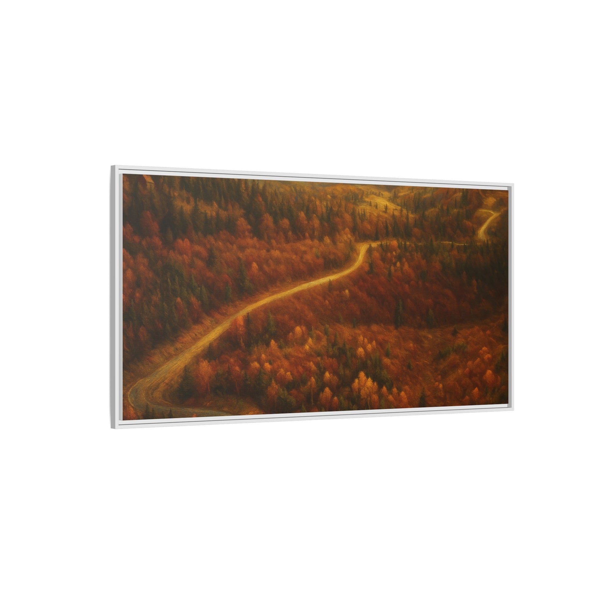 Framed matte canvas print of a forest road landscape, featuring autumn trees and vibrant fall colors, by Printify.