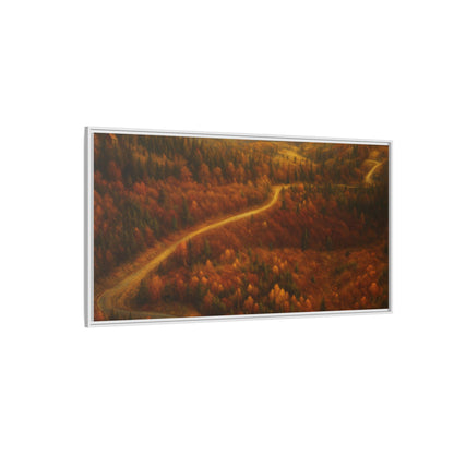 Framed matte canvas print of a forest road landscape, featuring autumn trees and vibrant fall colors, by Printify.