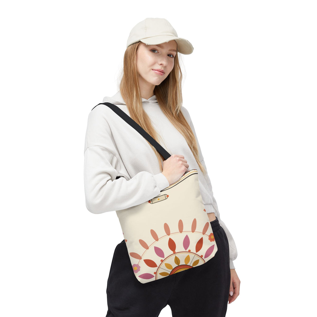 Boho floral mandala tote bag with pastel sunburst pattern, designed by Printify, showing vibrant, intricate floral and geometric print.