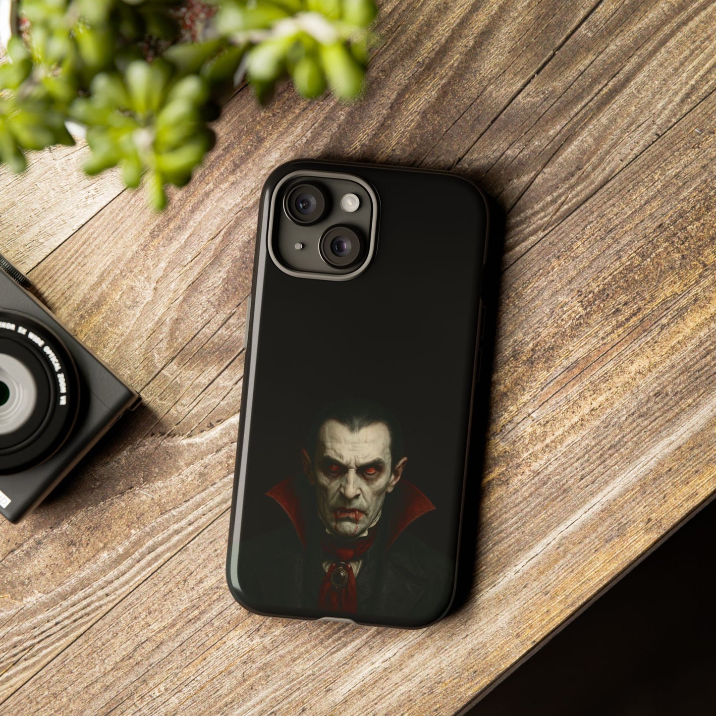 Gothic vampire portrait phone case for iPhone featuring Dracula horror design, made by Printify.