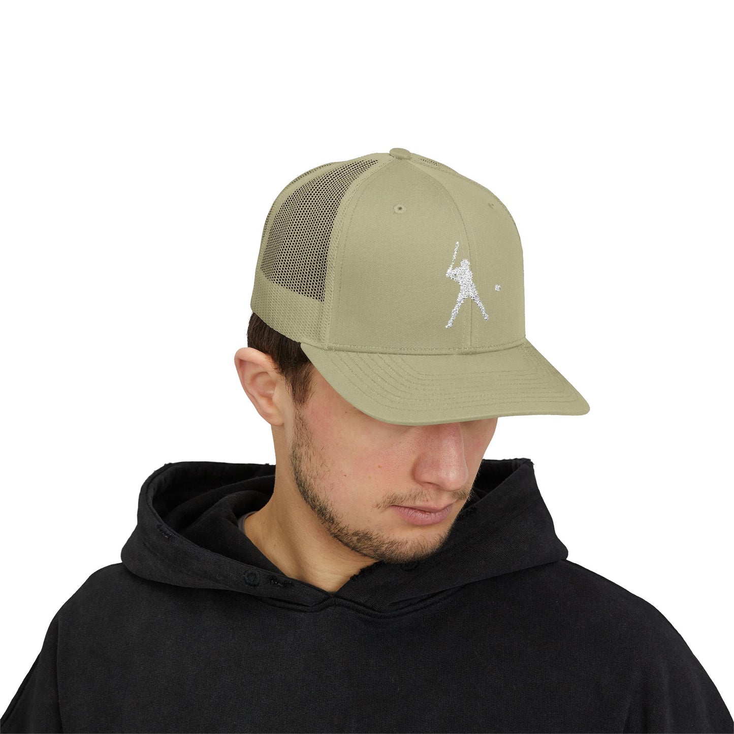 Vintage baseball snapback trucker cap with batter silhouette design, breathable mesh back, and adjustable strap by Printify.
