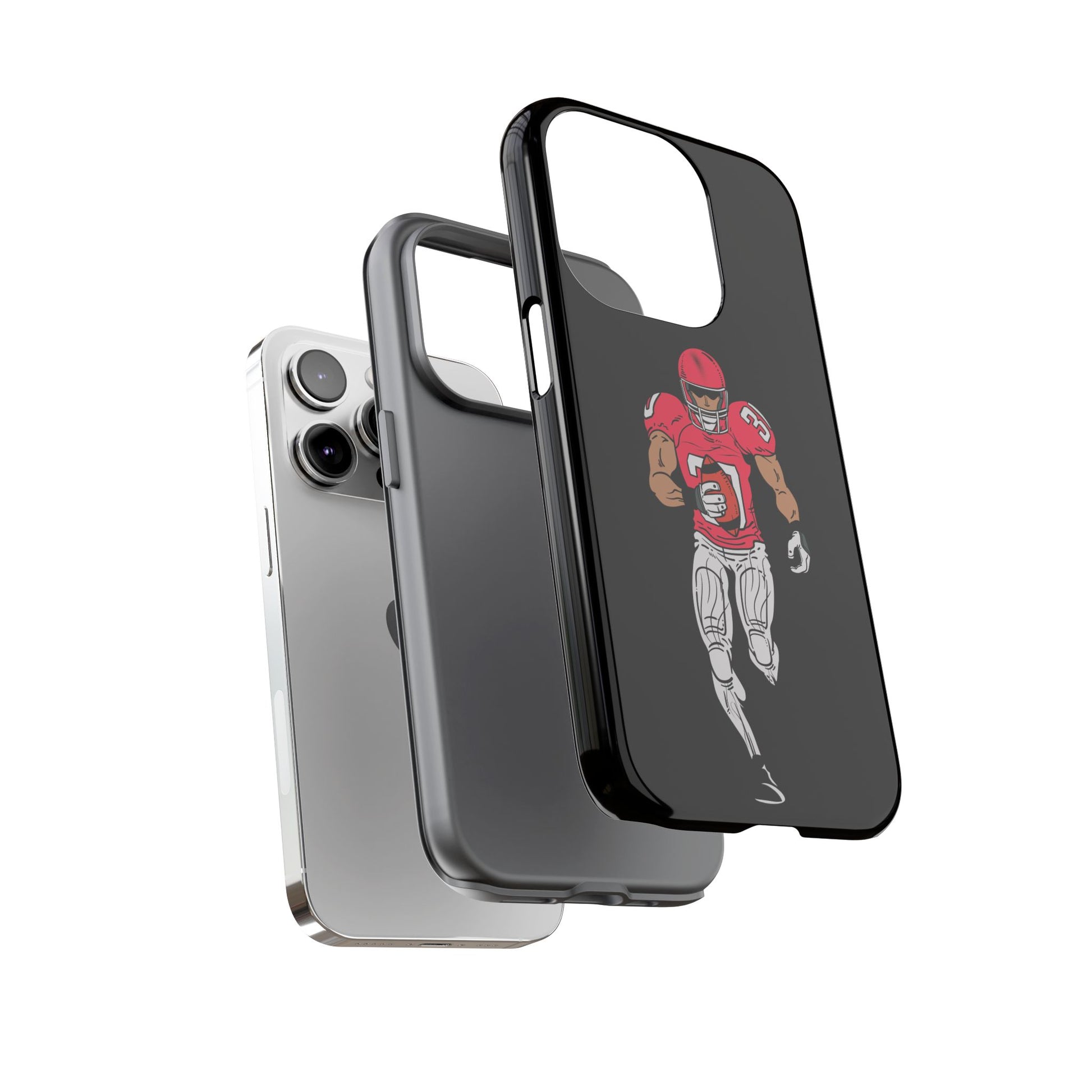 Black football player tough phone case for iPhone, protective sports-themed case by Printify with athletic design.