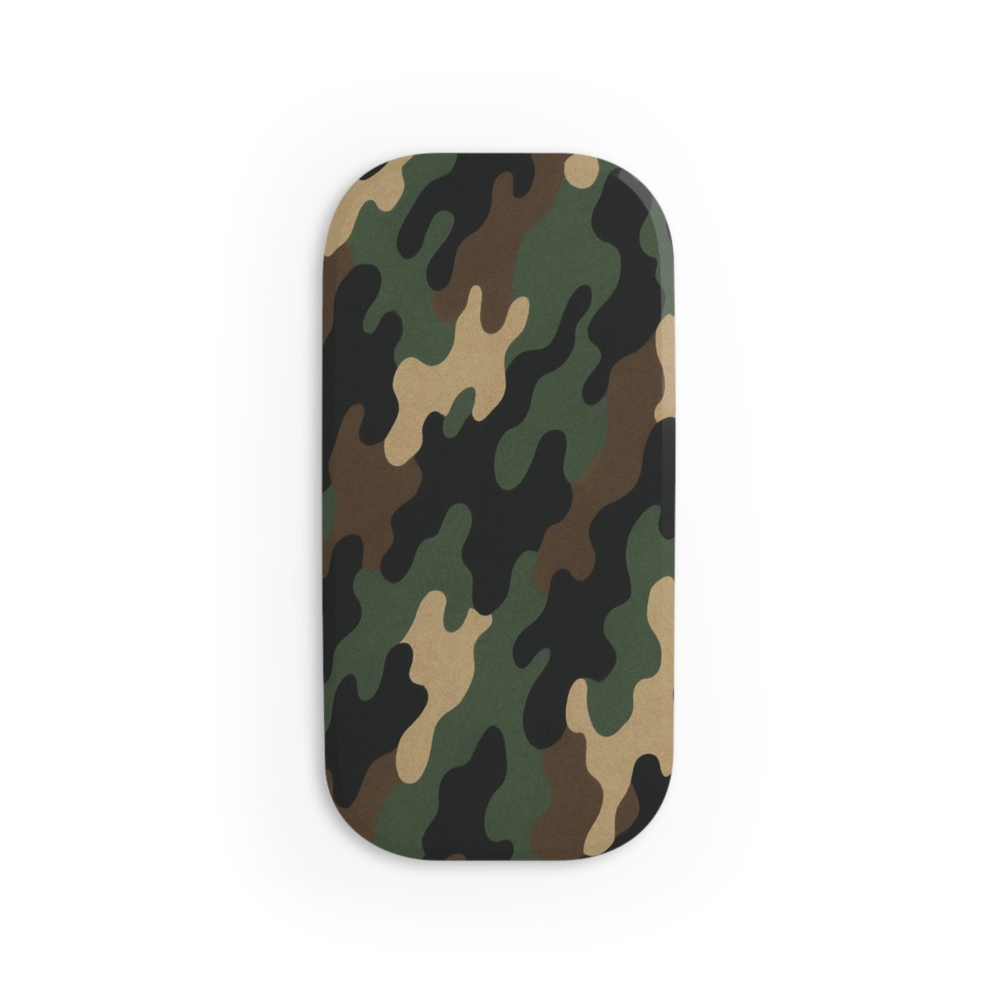 Military green camo phone grip with click-on stand and secure hold, accessory by Printify for easy phone handling and stability.