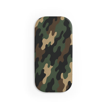 Military green camo phone grip with click-on stand and secure hold, accessory by Printify for easy phone handling and stability.
