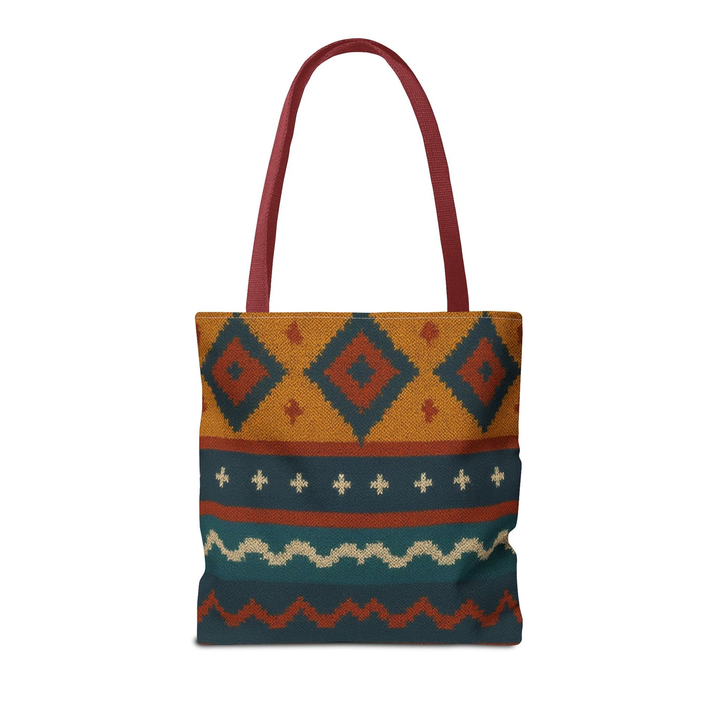 Southwestern diamond pattern tote bag with Aztec tribal geometric print, featuring sturdy handles and vibrant design.