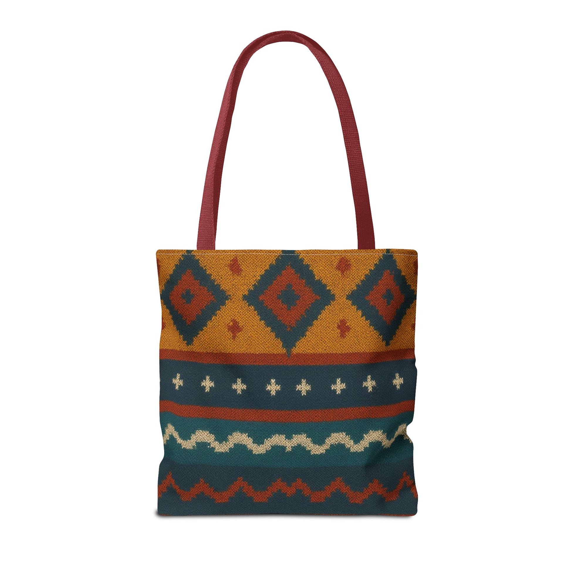 Southwestern diamond pattern tote bag with Aztec tribal geometric print, featuring sturdy handles and vibrant design.