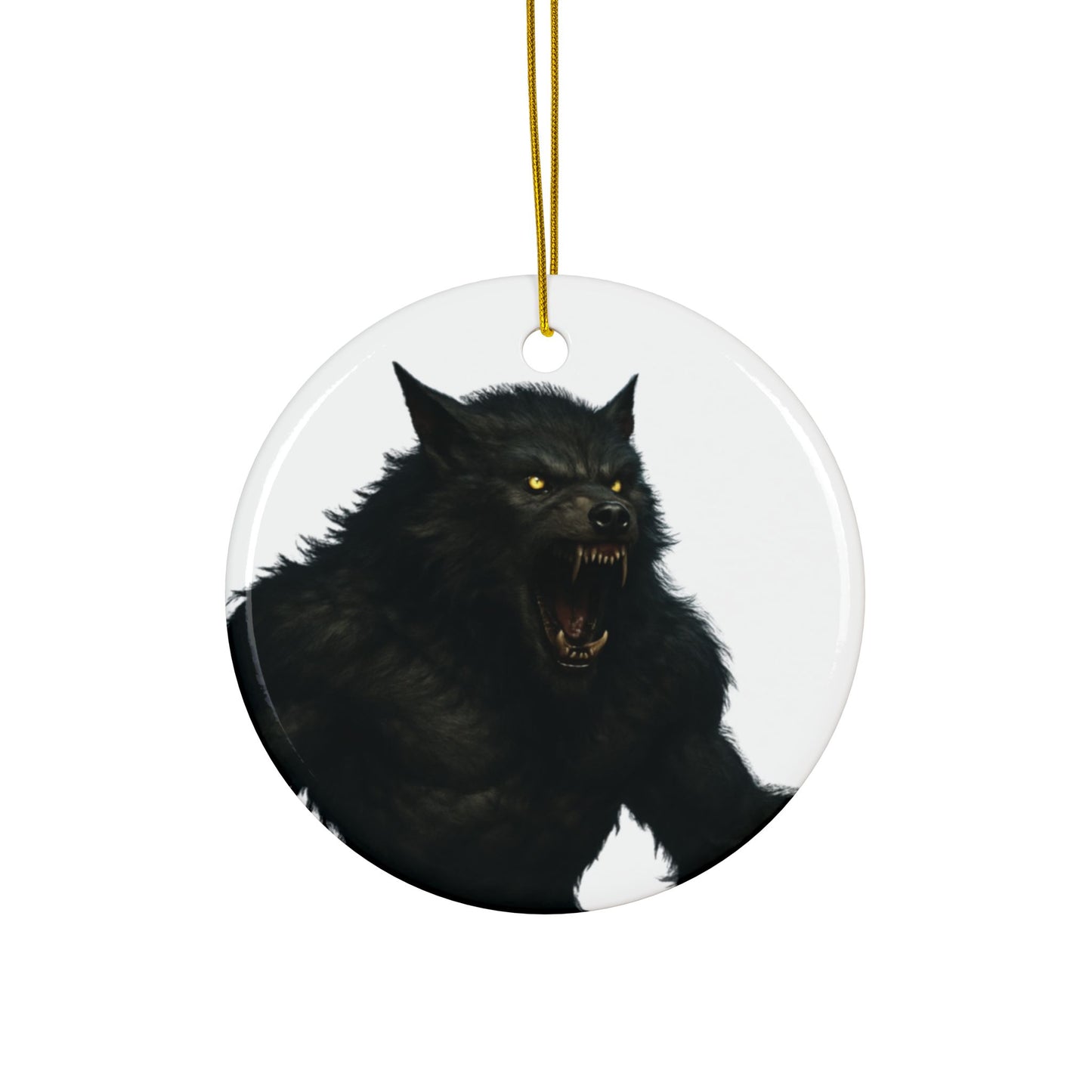 Black ceramic werewolf ornament from Printify featuring a spooky wolf design, perfect for holiday Halloween decorations.