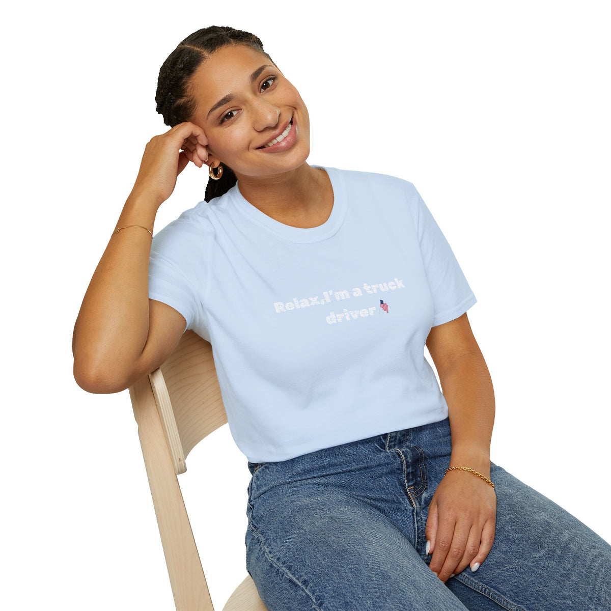 Pink heart graphic on a Relax, I'm a Truck Driver T-Shirt by Printify, featuring a humorous trucker-themed design.