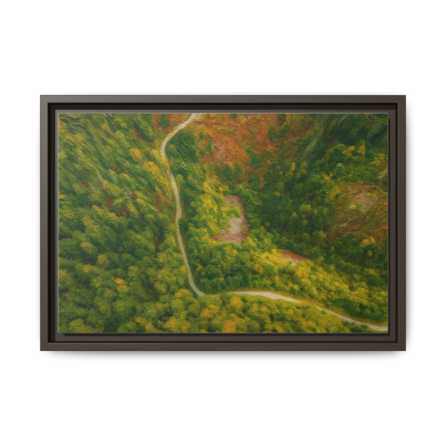 Colorful framed matte canvas wall art featuring an aerial view of a forest path landscape by Printify.