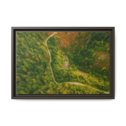 Colorful framed matte canvas wall art featuring an aerial view of a forest path landscape by Printify.