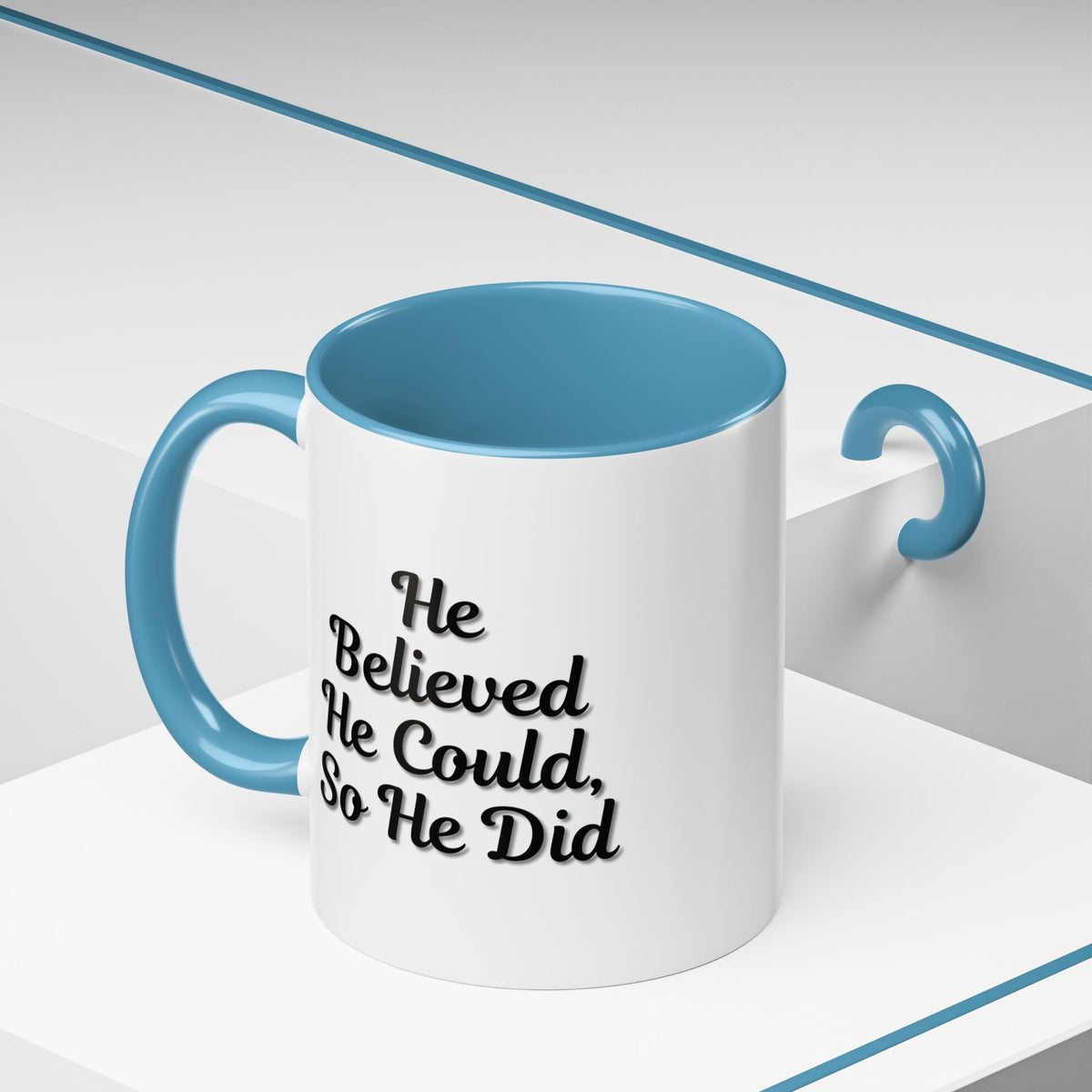 Printify "He Believed He Could So He Did" inspirational coffee mug with motivational quote and ceramic finish.