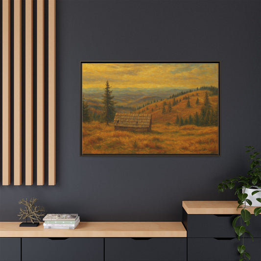 Framed Matte Canvas Print — Autumn Cabin Landscape Wall Art