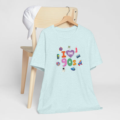 I  Love the 90's Short Sleeve Tee - Retro Graphic Tee, Vintage Style Shirt, Perfect for Casual Outings, 90s Nostalgia Apparel