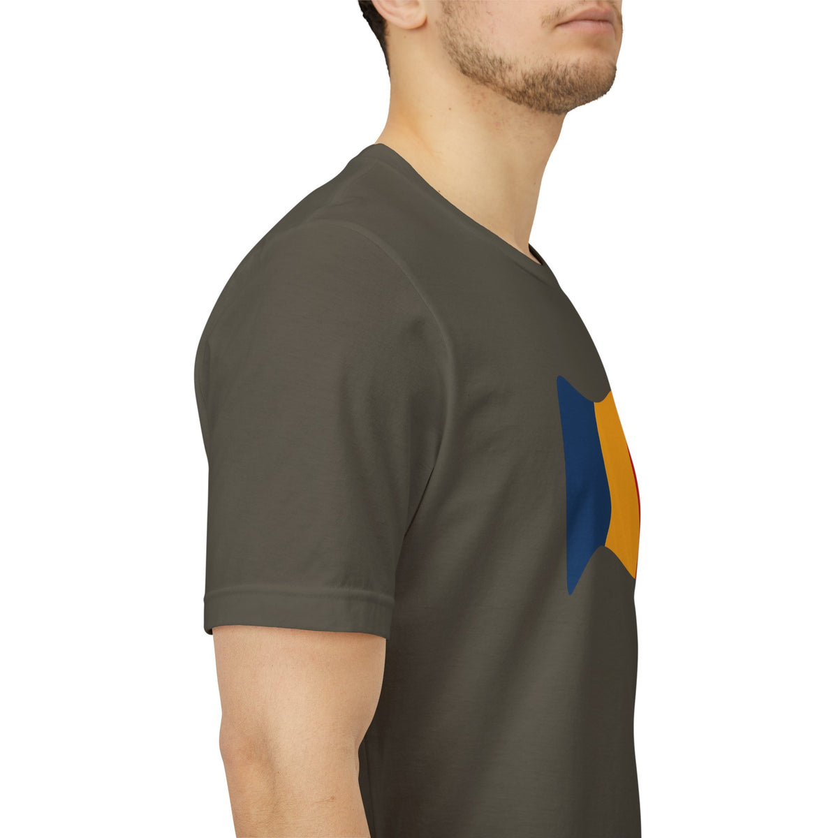 Romania flag T-shirt by Printify featuring a minimal waving tricolor design on a casual cotton tee.