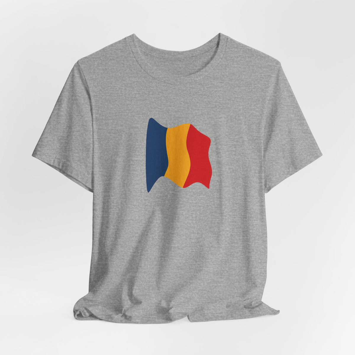 Romania Flag T-Shirt by Printify featuring a minimal waving tricolor design on a casual T-shirt.