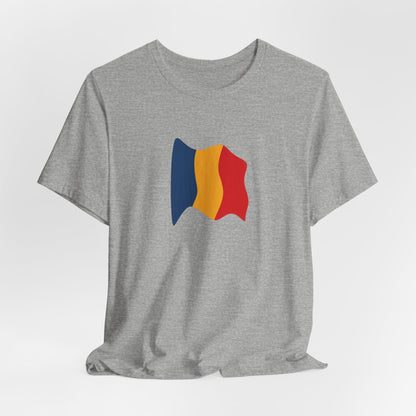 Romania Flag T-Shirt by Printify featuring a minimal waving tricolor design on a casual T-shirt.