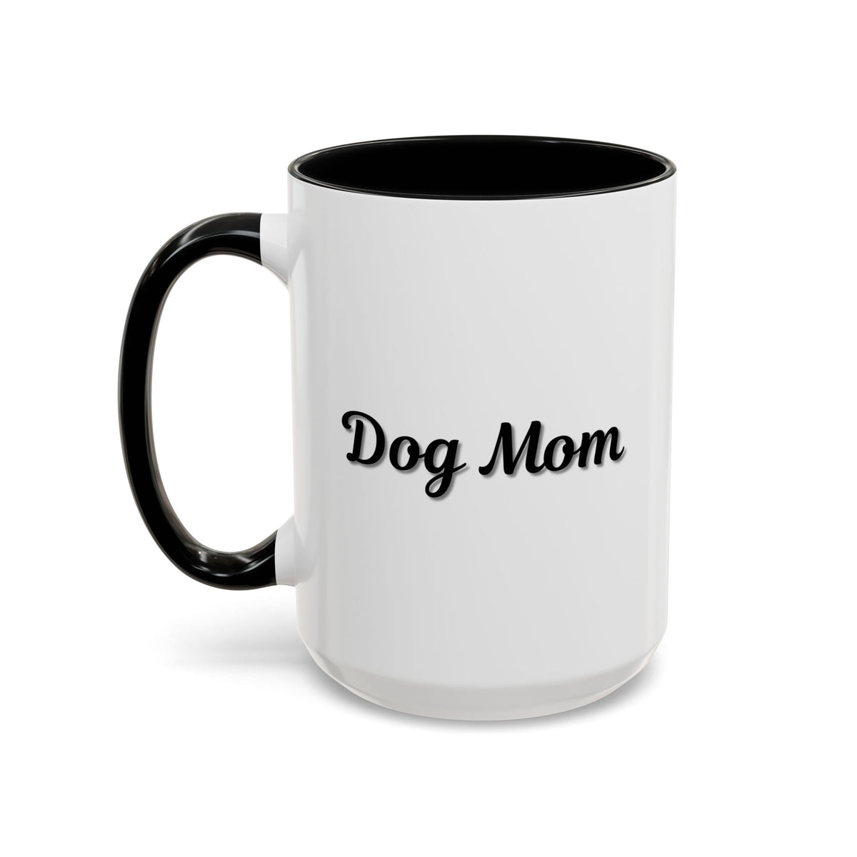 Dog Mom Accent Coffee Mug — white ceramic coffee mug with retro script "Dog Mom" print, colored interior and C-handle, 11oz/15oz, side profile view