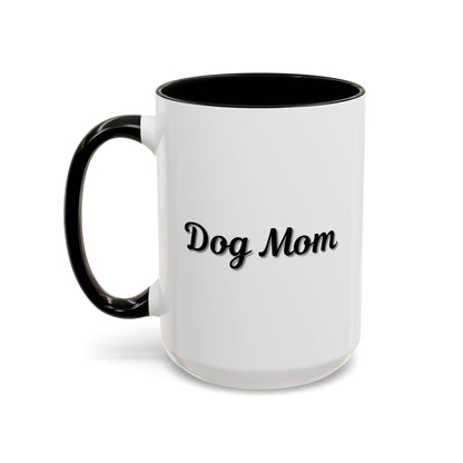 Dog Mom Accent Coffee Mug — white ceramic coffee mug with retro script "Dog Mom" print, colored interior and C-handle, 11oz/15oz, side profile view