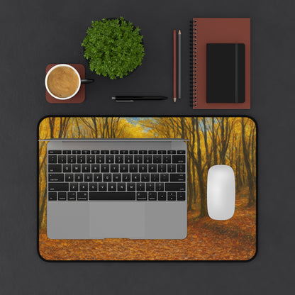 Autumn Forest Path desk mat by Printify featuring fall leaves and scenic woodland design for a stylish workspace.