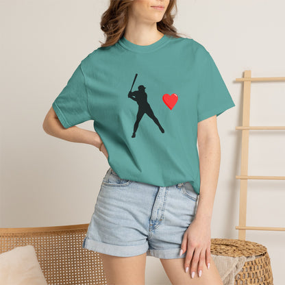 White baseball batter heart T-shirt from Printify featuring a graphic of a batter in a heart shape on the front.