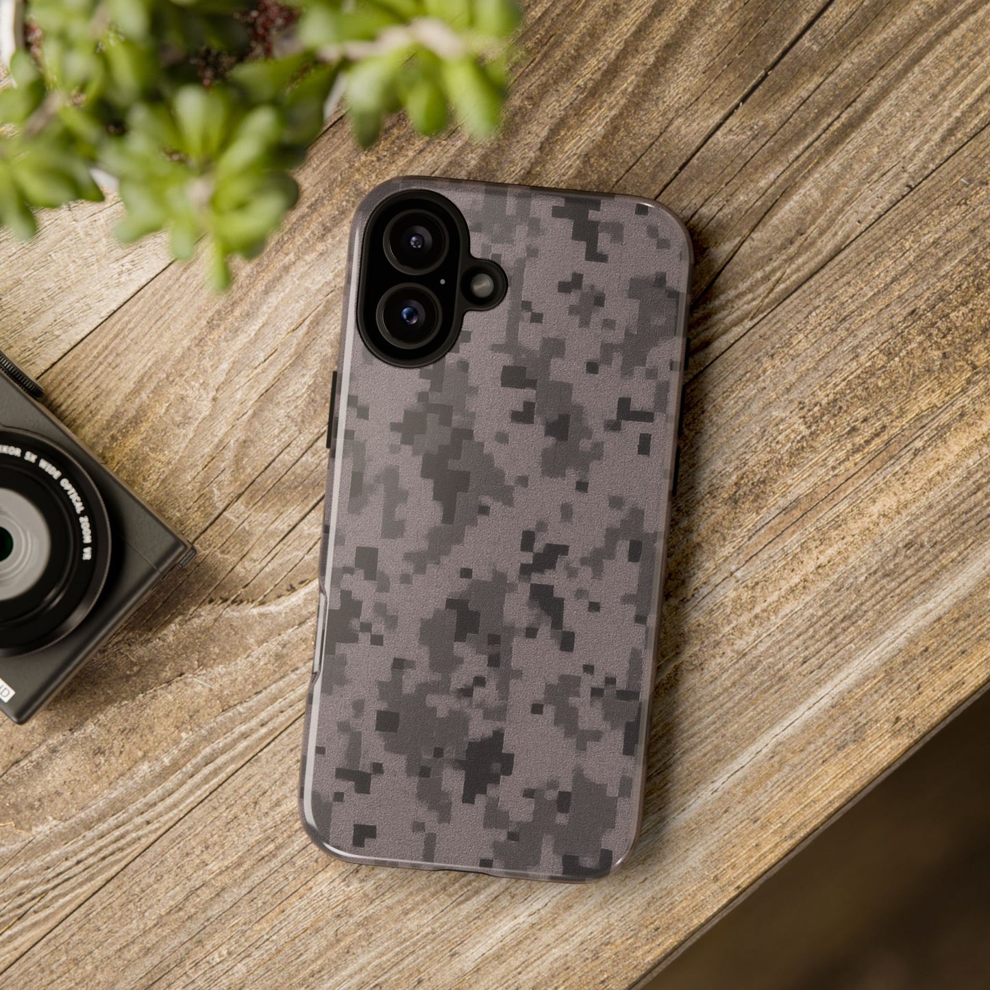 Gray digital camouflage phone case by Printify, tough protective cover for smartphones with a rugged camouflage pattern.